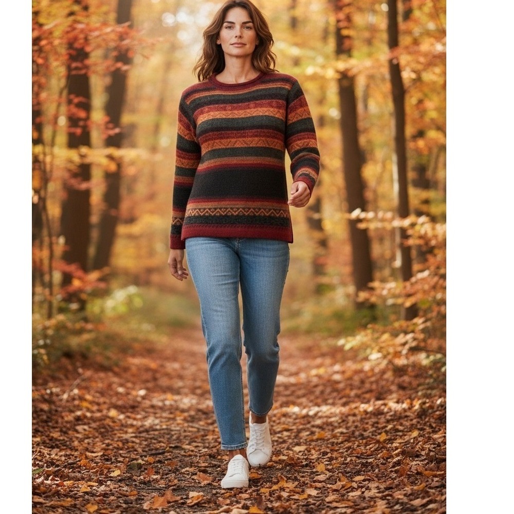 Inka Tradition Baby Alpaca Wool Fair Isle Striped Sweater Burgundy Orange Peru S